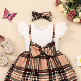 Girls Plaid Bow Detail Ribbed Dress