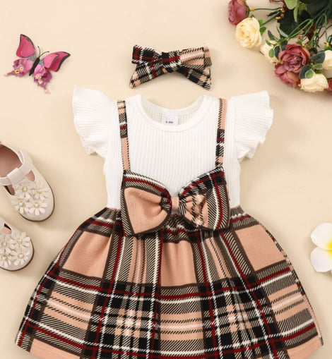 Girls Plaid Bow Detail Ribbed Dress