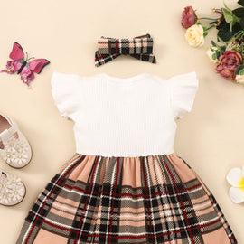 Girls Plaid Bow Detail Ribbed Dress