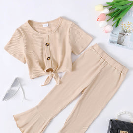 Girls Ribbed Buttoned Top and Flare Pants Set