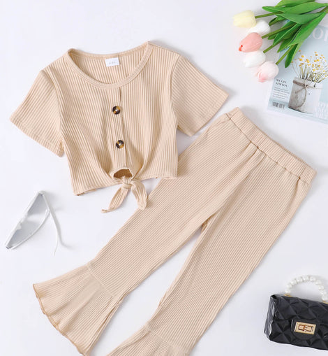 Girls Ribbed Buttoned Top and Flare Pants Set